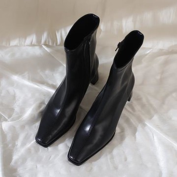 履約~可貴可隨意~韓版簡約方頭側拉鏈粗跟高跟彈力靴短靴女瘦瘦靴
