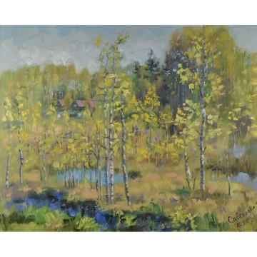 春季自然風景畫樺樹藝術品印象派薩文科娃