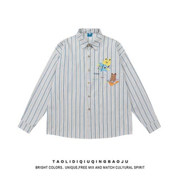 日系可愛小熊刺繡條紋襯衫女2026秋季設計感寬松情侶襯衣小眾上衣