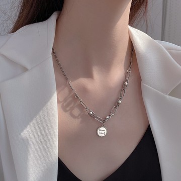 重工泰銀925純銀鏈條項鏈女圓牌ins嘻哈頸鏈復古年新款鎖骨鏈