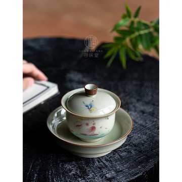 草木灰釉小胖兔蓋碗與托盤｜女士茶碗家用釉下彩陶瓷功夫茶具壺承