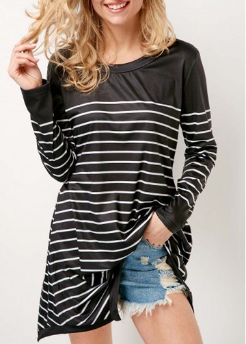 Black Long Sleeve Round Neck Striped T Shirt