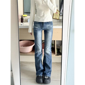 【FOH】牛仔褲 美式復古 牛仔直筒褲 落地牛仔褲 牛仔褲女 低腰牛仔褲 窄版直筒褲 九分褲 彈性牛仔褲
