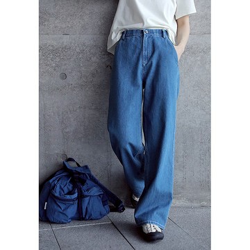 淺藍色棉漢麻半松緊腰寬松水洗做舊直筒牛仔褲