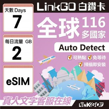 LINKGO白鑽卡 全球116國 eSIM卡 7天上網卡 每日2GB(全球網卡 亞洲 歐洲 美洲 大洋洲 非洲)