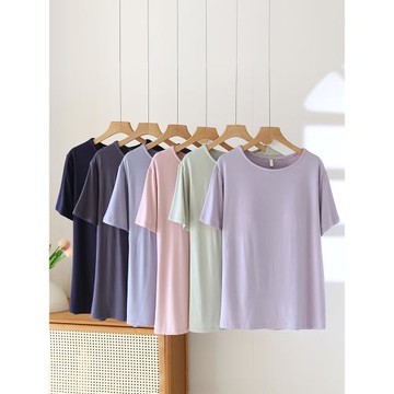 夏季單件上衣女士莫代爾帶胸墊短袖薄款免文胸罩杯一體式睡衣上裝