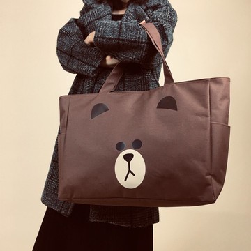 大號布朗熊帆布購物袋可摺疊卡通印花防水帆布旅行袋手提袋