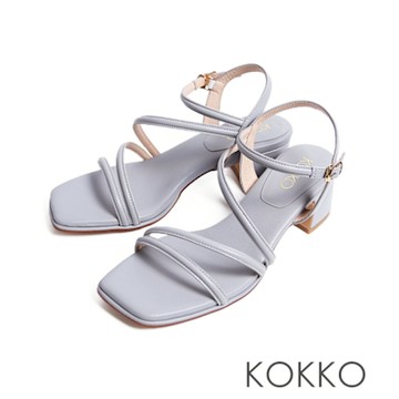 KOKKO優雅線條柔軟綿羊皮粗跟涼鞋淺藍色