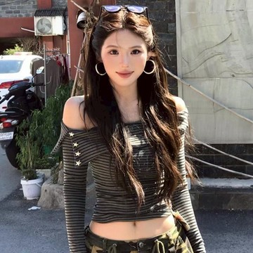 【TreeShop】條紋一字領長袖上衣 掛脖上衣 斜肩上衣