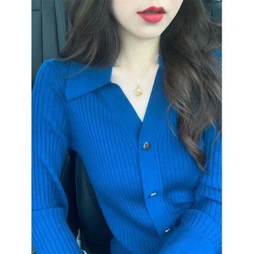 2024早春新款克萊因藍針織開衫女設計感小眾修身顯瘦內搭打底上衣