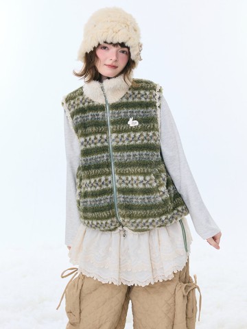 ziziFei秋冬美式復古設計感搖粒絨費爾島綠色毛領背心馬甲外套女