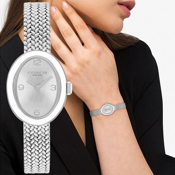 COACH Sammy CC Logo 橢圓形編織鍊帶女錶-銀/22mm(CO14504566)