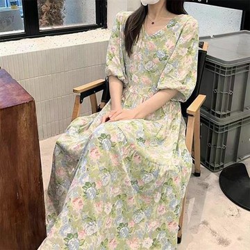 【韓國K.W.】現貨法式浪漫綠底玫瑰棉稠寬鬆自在居家服睡衣