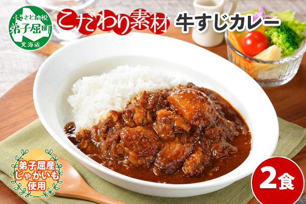 777.牛すじカレー 2個 中辛 じゃがいも 牛 牛肉 肉 業務用 レトルトカレー 保存食 備蓄 まとめ買い 北海道 弟子屈町