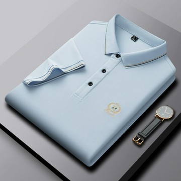 【新款熱賣】新款中年男士短袖高端桑蠶絲polo衫時尚刺繡翻領t恤夏季爸爸上衣t