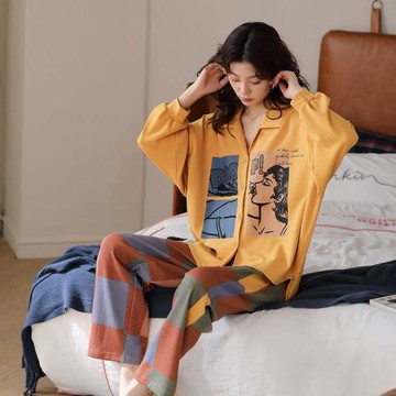 2025年新款春秋季睡衣女春純棉長袖時尚開衫網紅風全棉家居服套裝