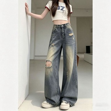 WYZ小個子美式復古破洞高腰牛仔褲女新款辣妹百搭寬鬆顯瘦直筒拖地褲