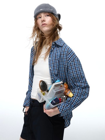 藍色格紋  精製純棉博主風立體皺感長袖襯衫