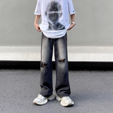 【臺灣出貨】褲子男士 ins潮寬鬆直筒褲 闊腿破洞牛仔褲 男褲夏季薄款 高街美式複古 煙灰色牛仔褲
