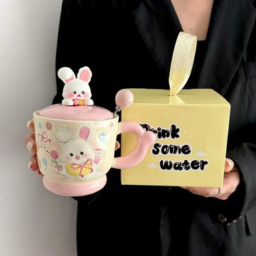 【臺灣-出貨】萌兔陶瓷水杯女生禮物好朋友紀念女朋友禮品可愛粉粉兔子高顏值WFF1