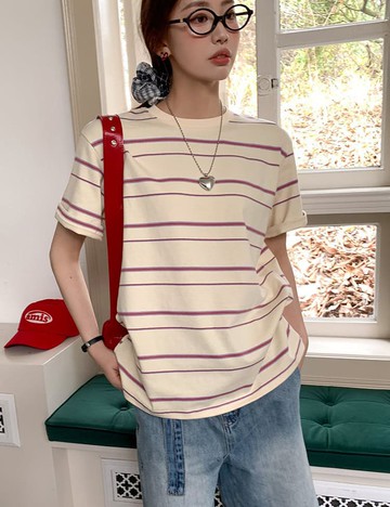 【missy shop】擊中靈魂條紋配色圓領T-77293