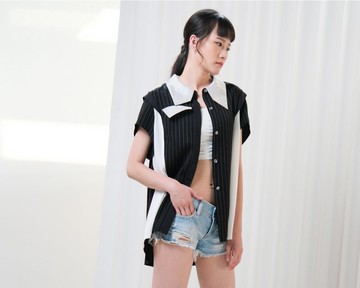 【福利品 】造型拼接外罩襯衫-撞色條紋黑