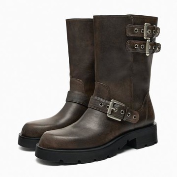 ZA2023秋季新品女鞋棕色搭扣飾機車靴騎士靴短靴西部復古帥氣戰靴