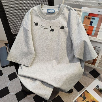 7386 用戶珍藏💖學院風穿搭可愛貓咪印花燕麥灰短袖T恤女學生2026夏季新款上衣insQDJH