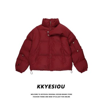 KKyesiou美式潮牌加厚立領不規則棉衣外套男女復古學院風紅色棉襖