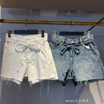 原~廠單！mou25夏新款 做舊毛邊系帶 闊腿牛仔短褲女-3701
