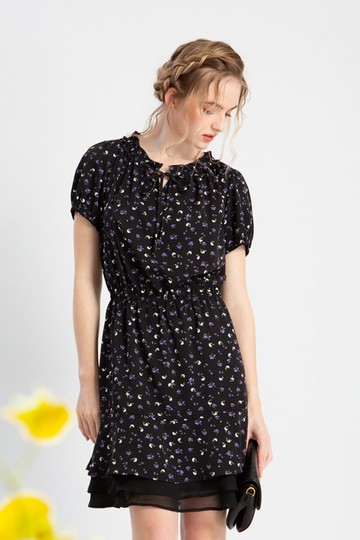 MW 荷葉領綁帶雪紡印花洋裝