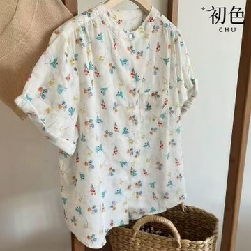 初色 復古碎花印花口袋寬鬆圓領排扣反摺短袖襯衫上衣女上衣-花色-14237(M-2XL可選)