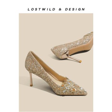 LOSTWILD真皮金色水晶高跟鞋2024新款春法式秀禾婚紗細跟伴娘鞋女