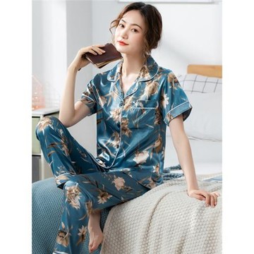 睡衣女夏冰絲綢韓版短袖長褲加大碼秋冬季仿真絲兩件套裝家居服女