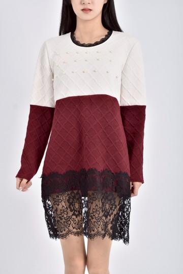 (S) t m質感拼色珍珠裝飾酒紅色洋裝