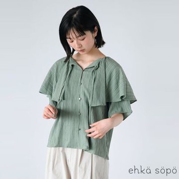 【ehka sopo】抓皺紋理感荷葉披肩造型綁帶短袖襯衫