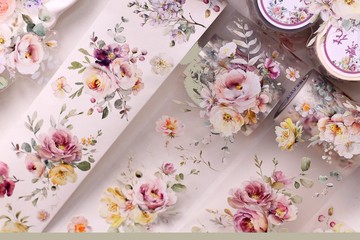 繁花 復古粉色紫色花卉 PET 和紙膠帶 手帳拼貼