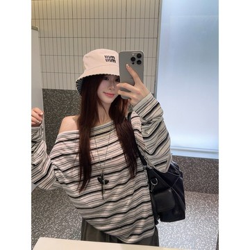 【林木木】長袖t恤女 寬鬆上衣 條紋t恤 罩衫 防曬衫 秋天上衣 韓系穿搭