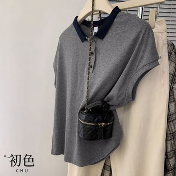 初色 氣質通勤風寬鬆大碼撞色領連肩無袖POLO衫上衣女上衣-灰色-12247(M-4XL可選/現貨+預購)