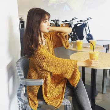 紅色鏤空上衣女秋季寬松慵懶風黃色毛衣中長款針織衫薄款罩衫初秋