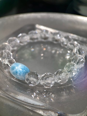 天然拉利瑪海紋石 + 白水晶鑽切全淨體 超冰爆閃 手鏈