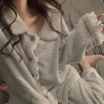 Xuan♥ 現貨現發🔥珊瑚絨睡衣女冬季ins網紅甜美開衫蕾絲加厚法蘭絨少女家居服套裝