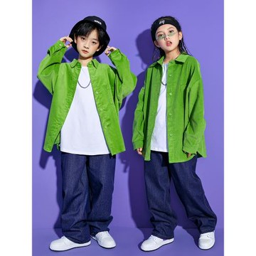 兒童街舞服套裝男童潮款襯衫牛仔褲breaking表演出服女童爵士舞服