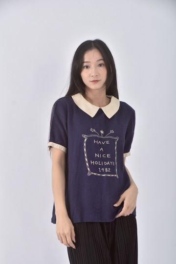 (S) nombbe質感純棉麻藍色短袖上衣