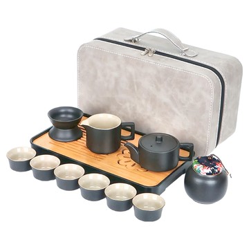 BOACUP 麂皮 手提旅行箱  茶壺 + 杯子6個 + 茶盤  黑色  1組