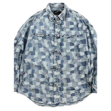 高級感 個性國風盤扣牛仔衣 厚料提花棋盤格水洗牛仔布休閑外套