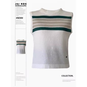 復古風條紋小鱷魚白色無袖毛衣背心女夏季顯瘦無袖馬甲時尚百搭潮