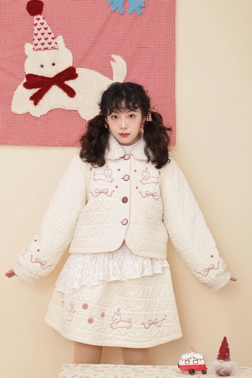 復古甜美少女 刺繡花朵格子 娃娃領棉衣半裙套裝