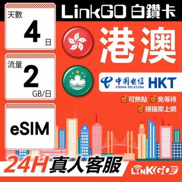 LINKGO白鑽卡 港澳 eSIM卡 4天上網卡 每日2GB 雙電信 高速流量(港澳網卡 香港 澳門 虛擬卡)