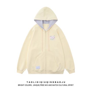 日系奶杏色可愛貓咪刺繡開衫衛衣女秋季學院風休閑甜美連帽衫外套